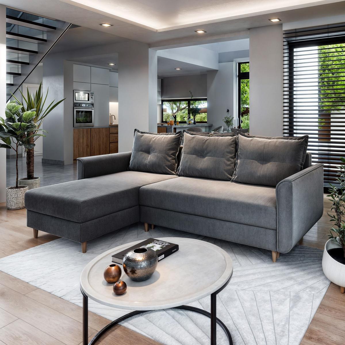 ECKSOFA PISAN L-S Grau Plüsch-Stoff mit Schlaffunktion - Braun/Grau, Holz/Textil (220/140cm) - MASSENO