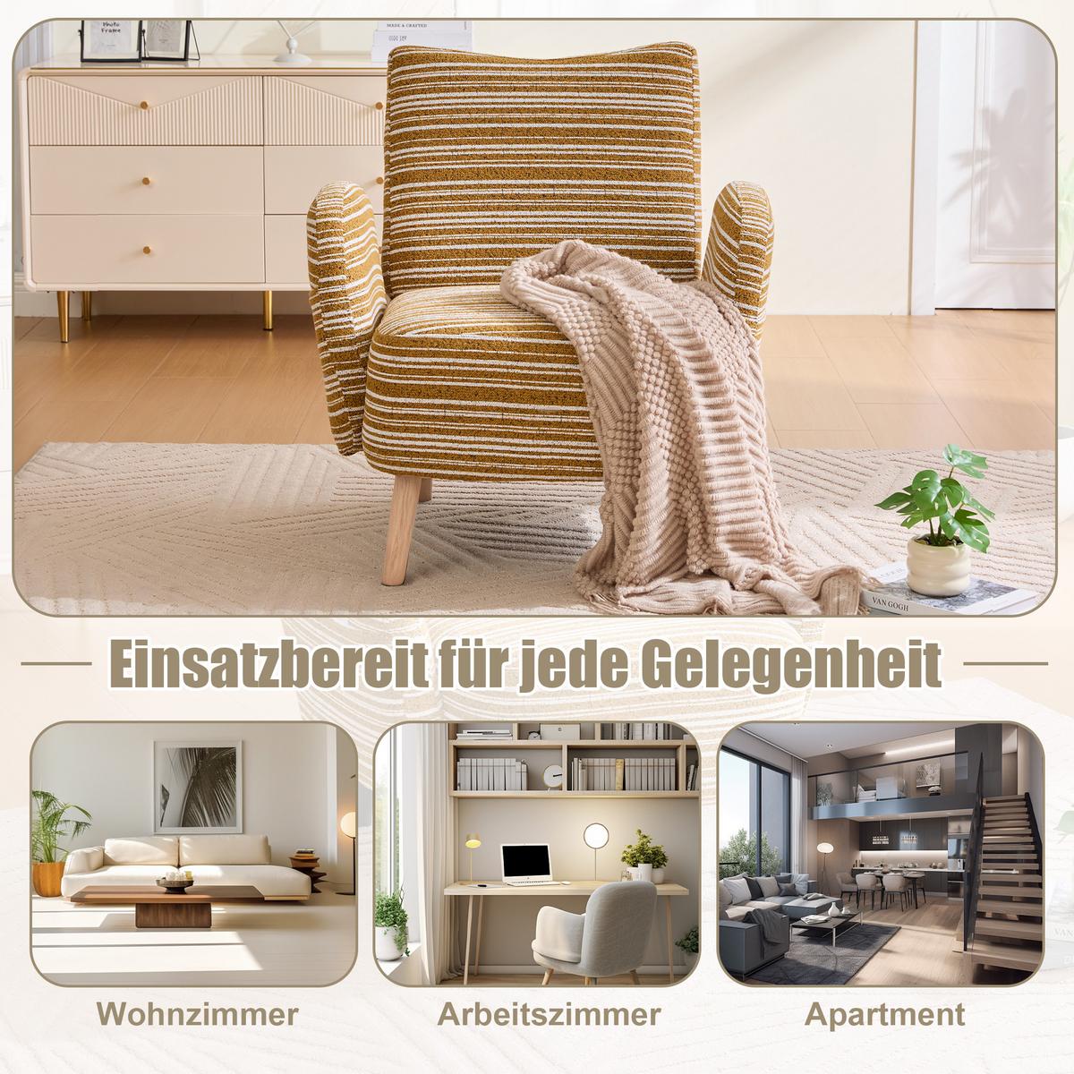 SESSEL boucle stoff gelb modern mit seitentasche holzbeine - Gelb, Textil (77/87/81cm) - Urban Meuble