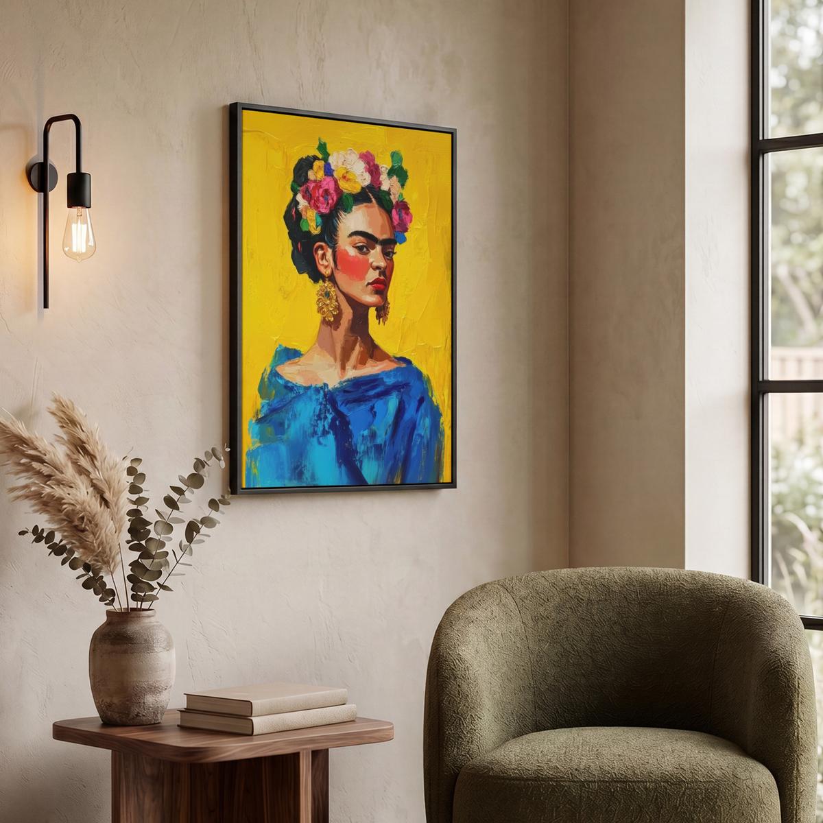 LEINWAND Bilder mit Rahmen - Frida Kahlo - Frau - Gelb - Blau - Blumen - 50x70 - Gelb, Textil (50/70cm) - MuchoWow