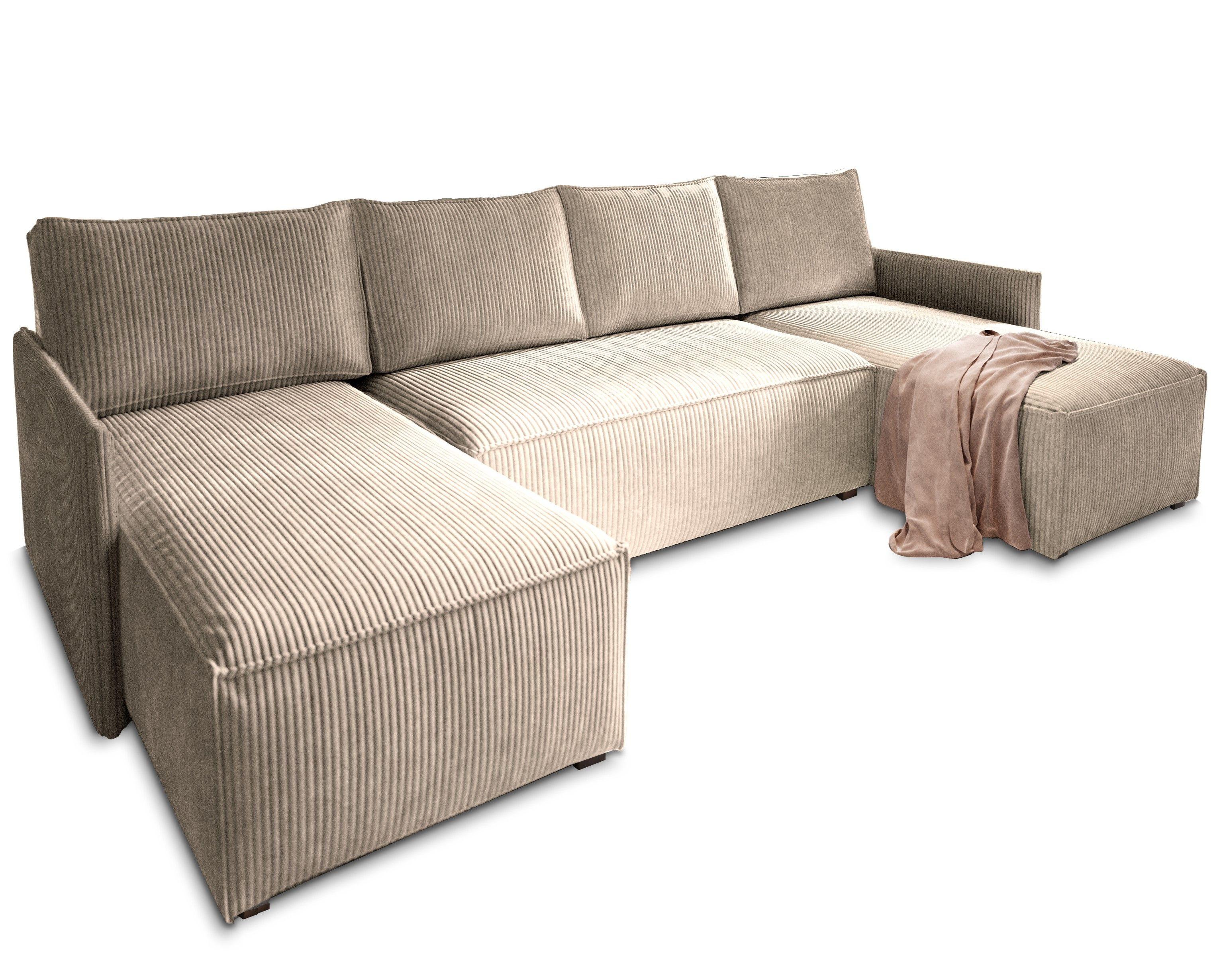 WOHNLANDSCHAFT TRES Beige Kordstoff mit Schlaffunktion - Beige/Grau, Holz/Kunststoff (271/85/140cm) - MASSENO