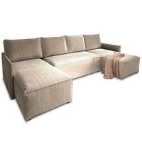 WOHNLANDSCHAFT TRES Beige Kordstoff mit Schlaffunktion - Beige/Grau, Holz/Kunststoff (271/85/140cm) - MASSENO