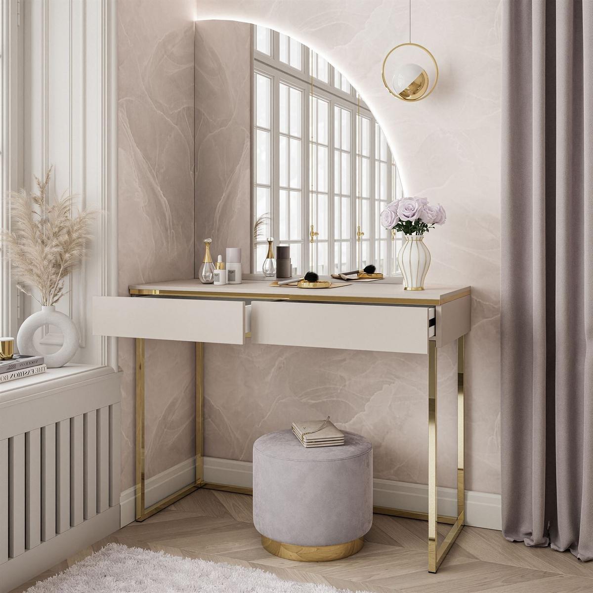 SCHMINKTISCH AURORA-Q GOLD auf goldenem Gestell mit rechts Spiegel - Kaschmir/Goldfarben, Holzwerkstoff/Metall (102/174/44cm) - Lookway