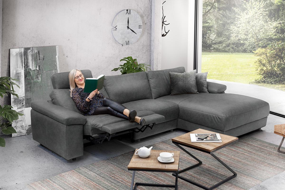 ECKSOFA XL MOTORISCHER RELAXFUNKTION LOLA Grau Leder Relaxfunktion - Schwarz/Grau, Leder (304/178cm) - KAWOLA