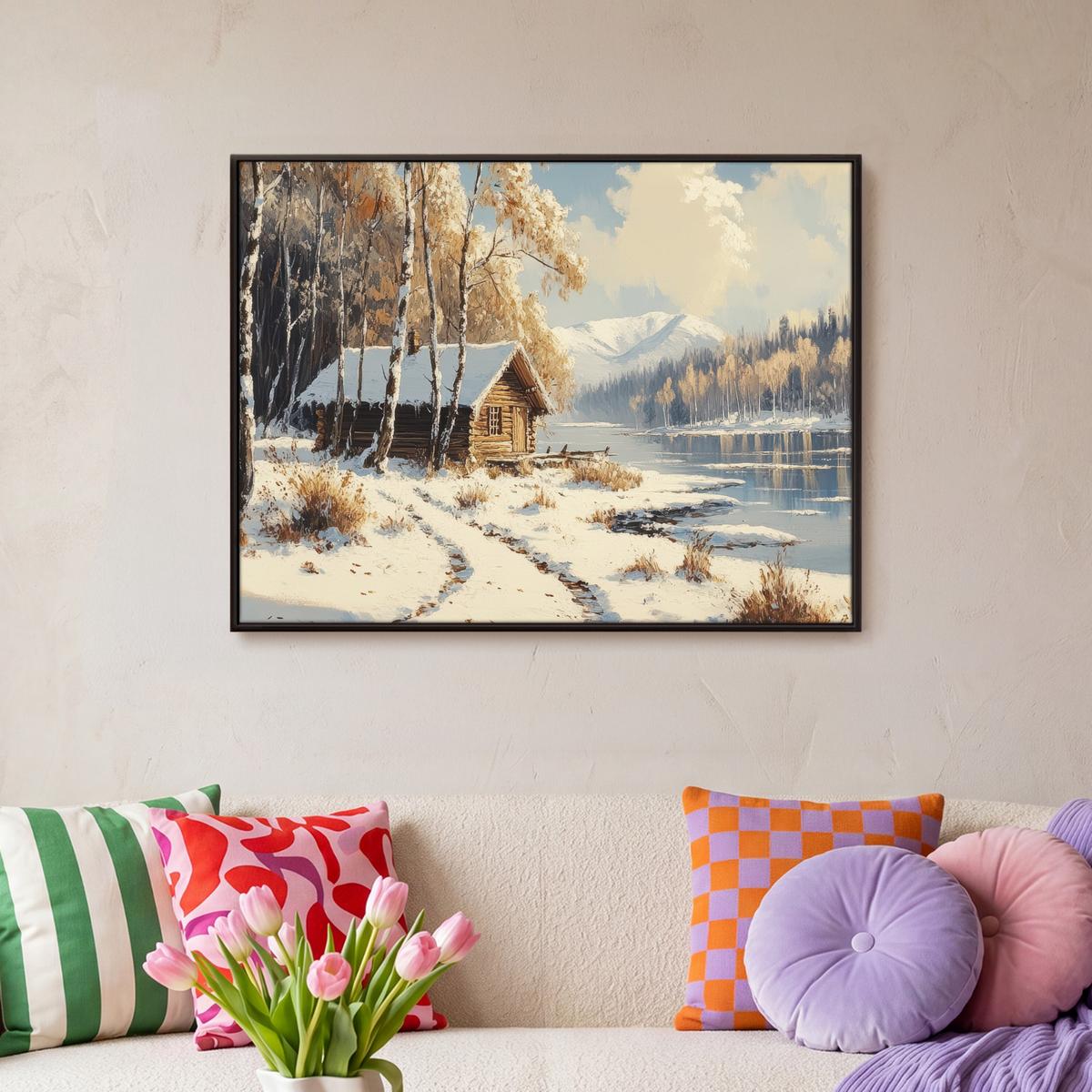 LEINWAND Bilder mit Rahmen - Winter - Schnee - Zuhause - Natur - 80x60 - Hellbraun, Textil (80/60cm) - MuchoWow