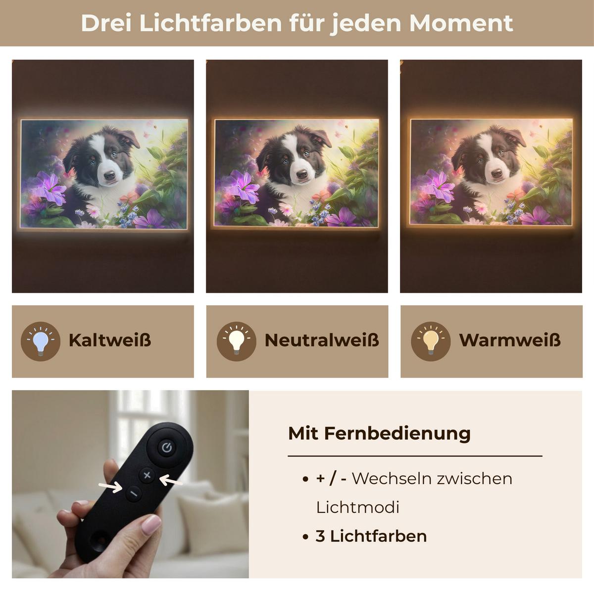 NACHTTISCHLAMPE MIT AKKU Welpe - Sonne - Blumen - Natur - Border Collie - Hund 90x60 cm - Violett, Holzwerkstoff (8/90/60cm) - OnlyWow