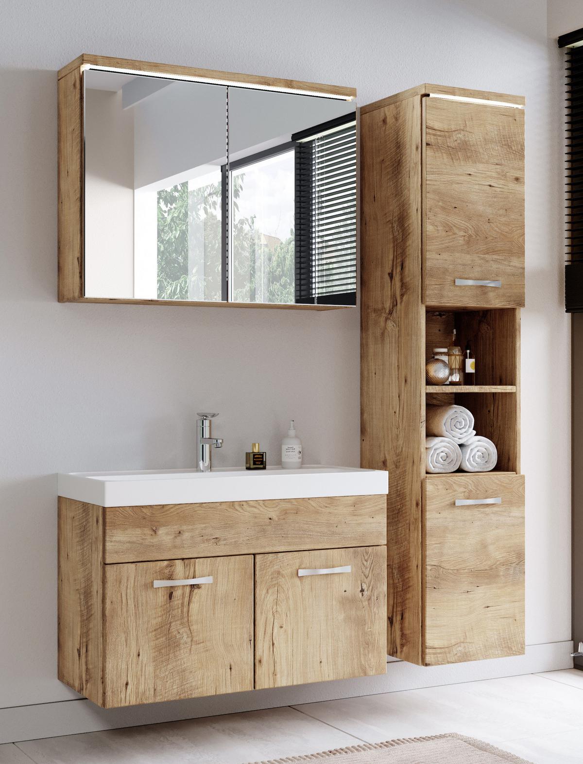 BADMÖBEL-SET Paso LED 4 Teile Kastanien Eiche - 80 x 35 x 55 cm - Kastanienfarben/Eichefarben, Holz (80/55/40cm) - Badplaats
