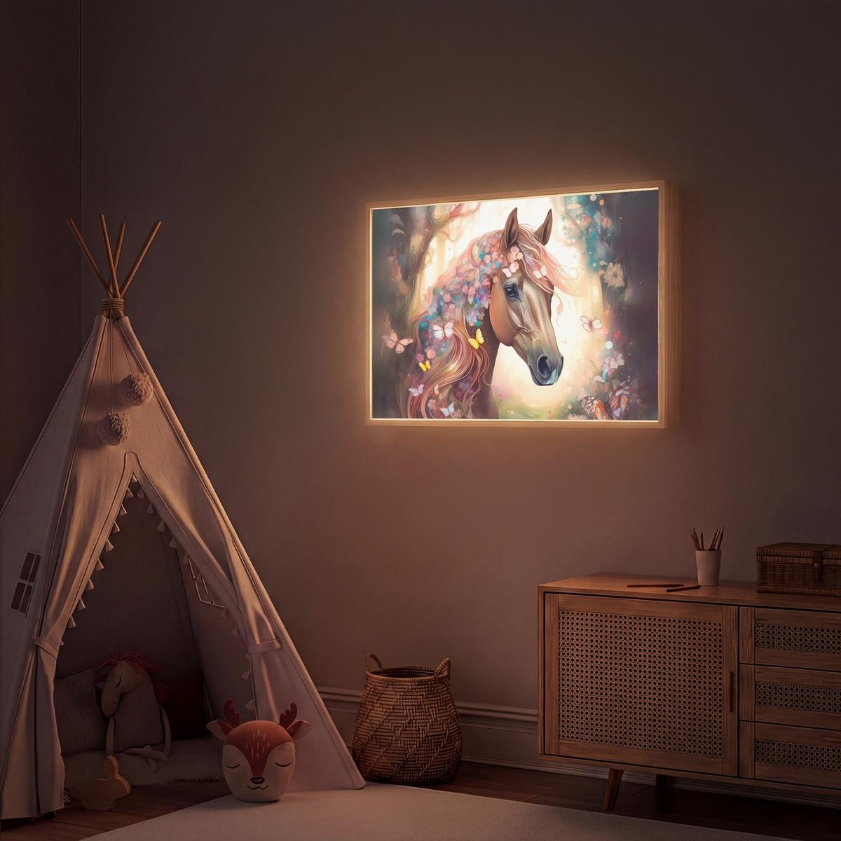 NACHTTISCHLAMPE MIT AKKU Pferd - Natur - Blumen - Schmetterlinge - Wald 100x70 cm - Dunkelbraun, Holzwerkstoff (8/100/70cm) - OnlyWow