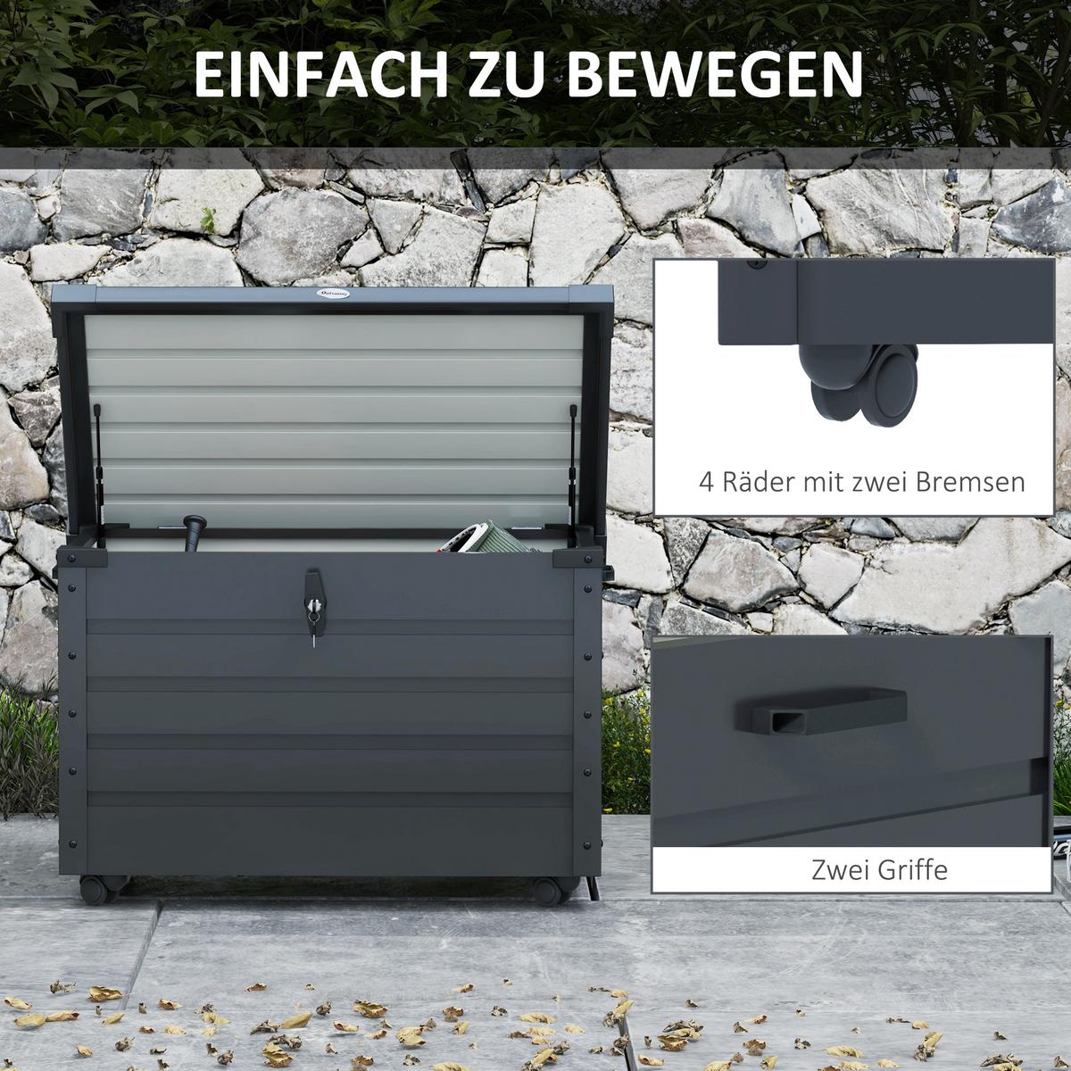 AUFBEWAHRUNGSKISTE mit Rollen mit Schloss, für Balkon, Terrasse, Stahl, Dunkelgrau - Dunkelgrau, Metall (62/65/100cm) - Outsunny