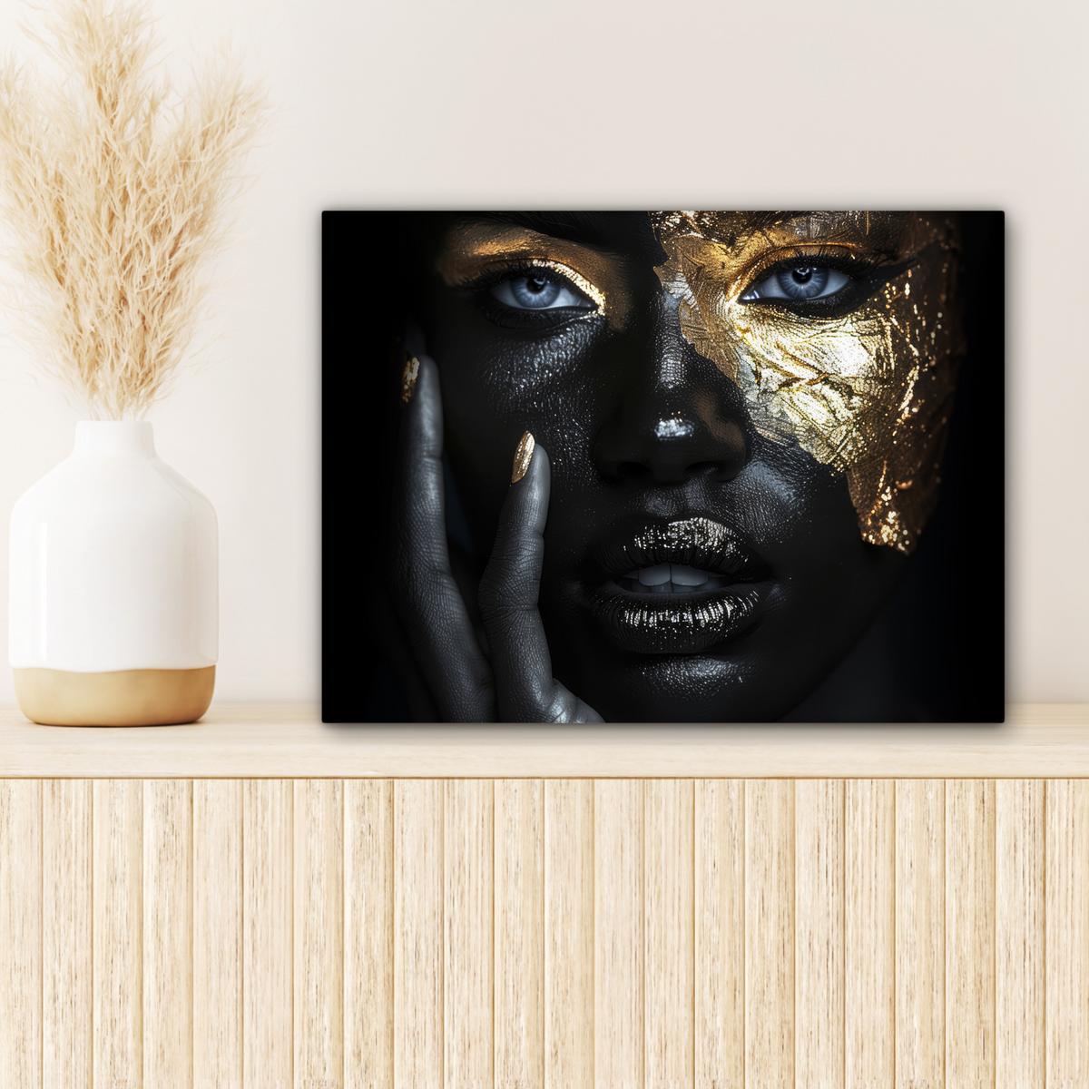 LEINWANDBILD Frau - Gold - Porträt - Schwarz-Weiß - Luxus Wandbild 40x30 cm - Hellblau, Textil (40/30cm) - MuchoWow