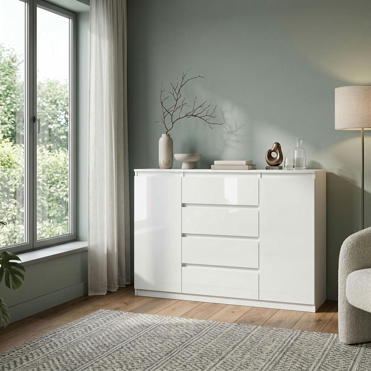 KOMMODE NUDO 138,5/101,5/39cm mit 4 Schubladen 2 Türen Weiß - Weiß Hochglanz/Weiß, Holzwerkstoff (138.5/101.5/39cm) - MASSENO