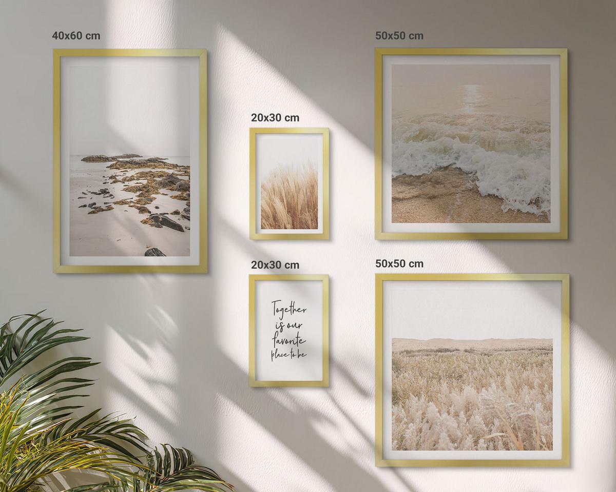 BILDER SET 5er Set - 50x50 cm & 20x30 cm & 40x60 cm Goldrahmen - Wiesen, Strand, Boho-Stil - Goldfarben, Kunststoff (40/60cm) - TULUP