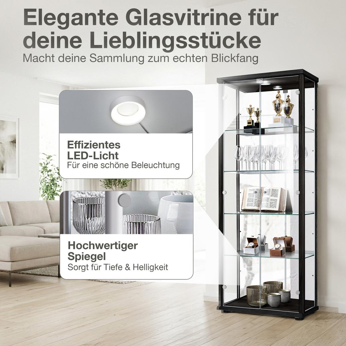 VITRINE 33/67/176 cm mit Spiegel, LED, Schloss & 4 höhenverstellbaren Glasböden - Transparent/Silberfarben, Glas/Holzwerkstoff (67/176/33cm) - K-Möbel