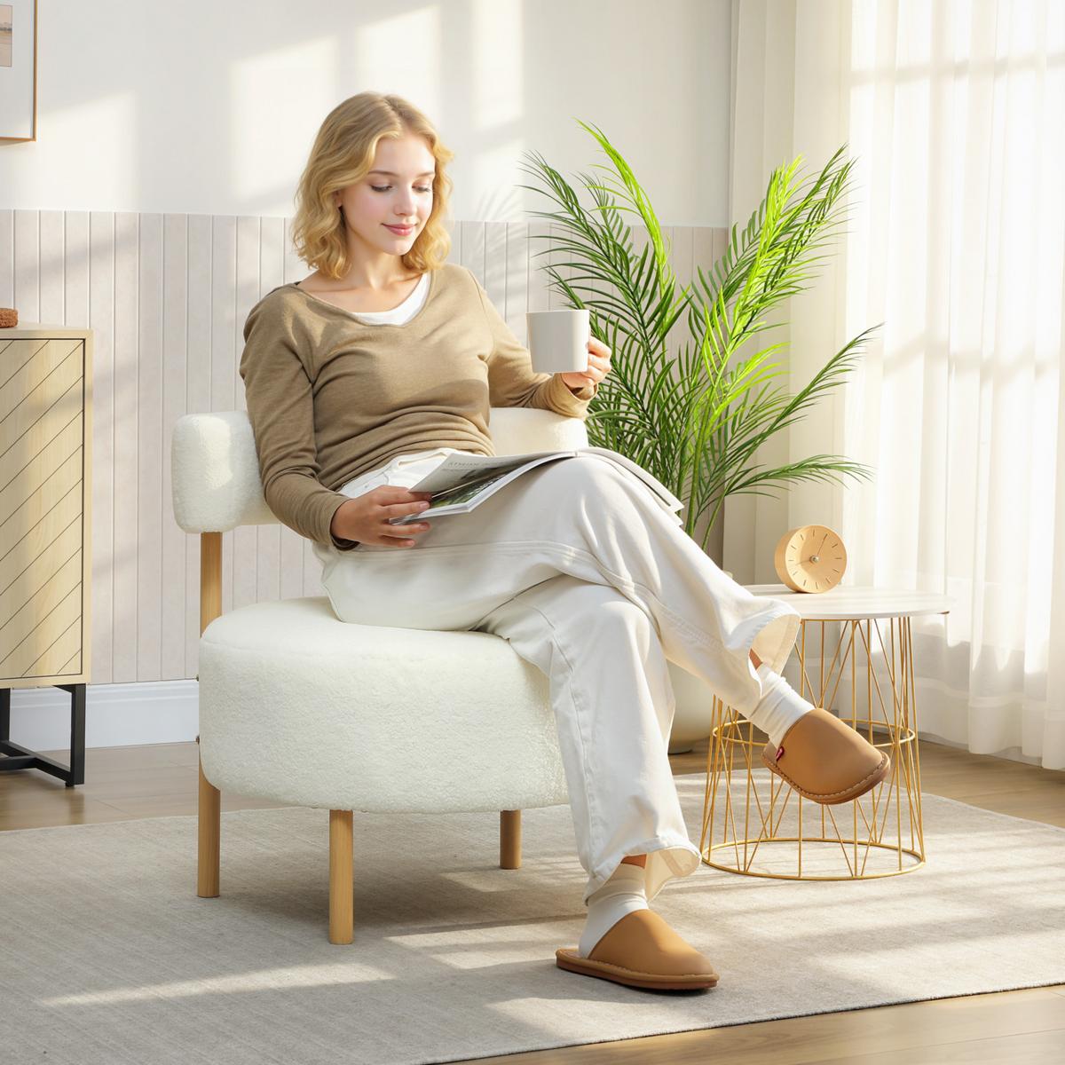 RELAXSESSEL mit Sherpa-Fleece Metallbeinen in Holzoptik Weiß - Eukalyptusholzfarben/Creme, Holz/Textil (67/71/67cm) - HOMCOM