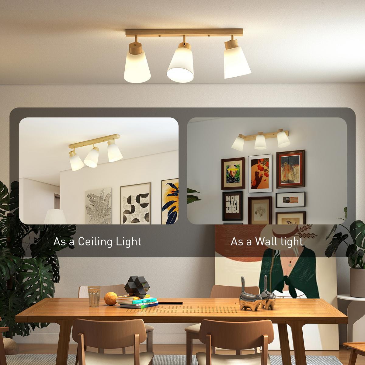 DECKENLAMPE Stahl Glas Naturholz - Naturfarben, Metall (55/13/20cm) - HOMCOM