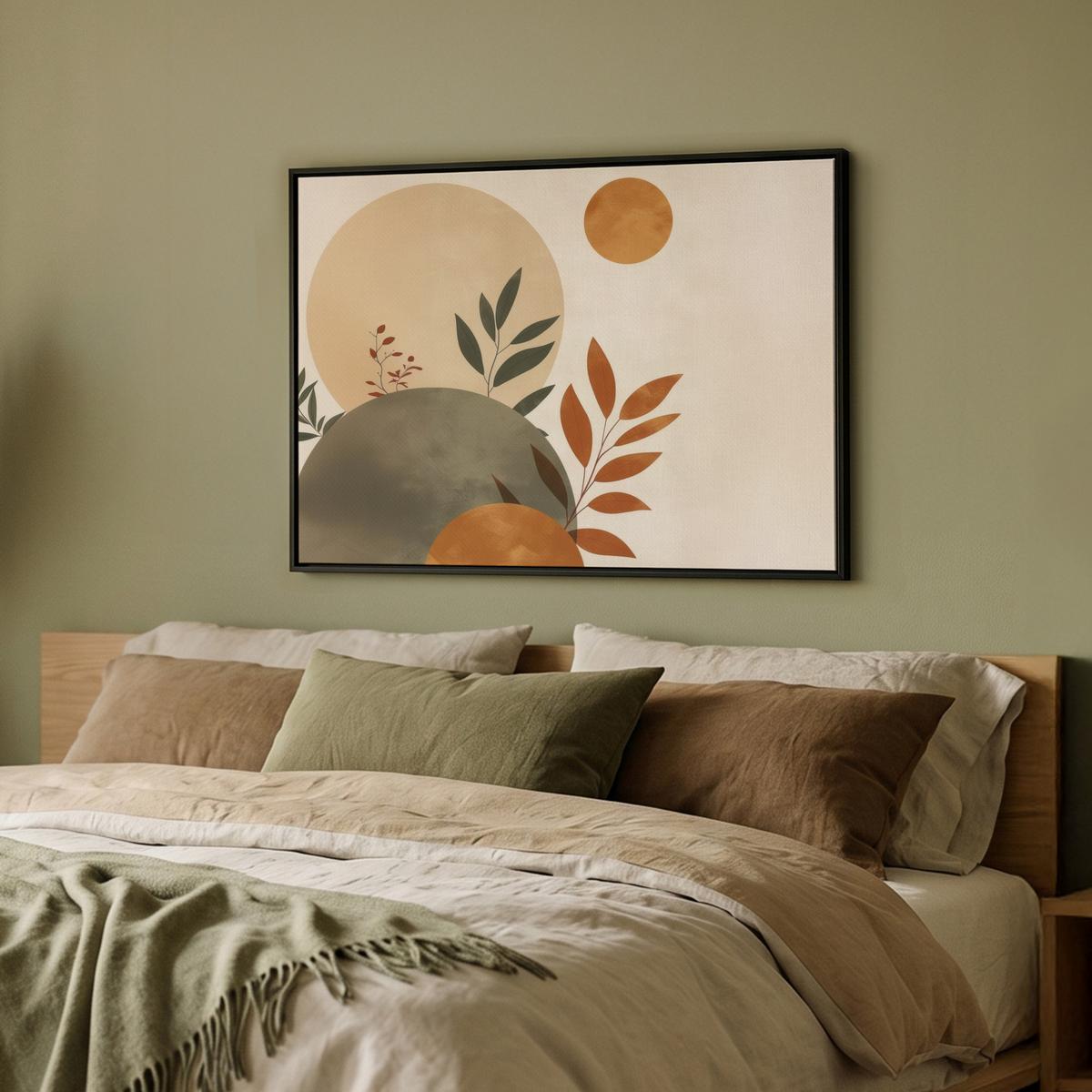 LEINWAND Bilder mit Rahmen - Formen - Rund - Blätter - Beige - 70x50 - Rostfarben, Textil (70/50cm) - MuchoWow