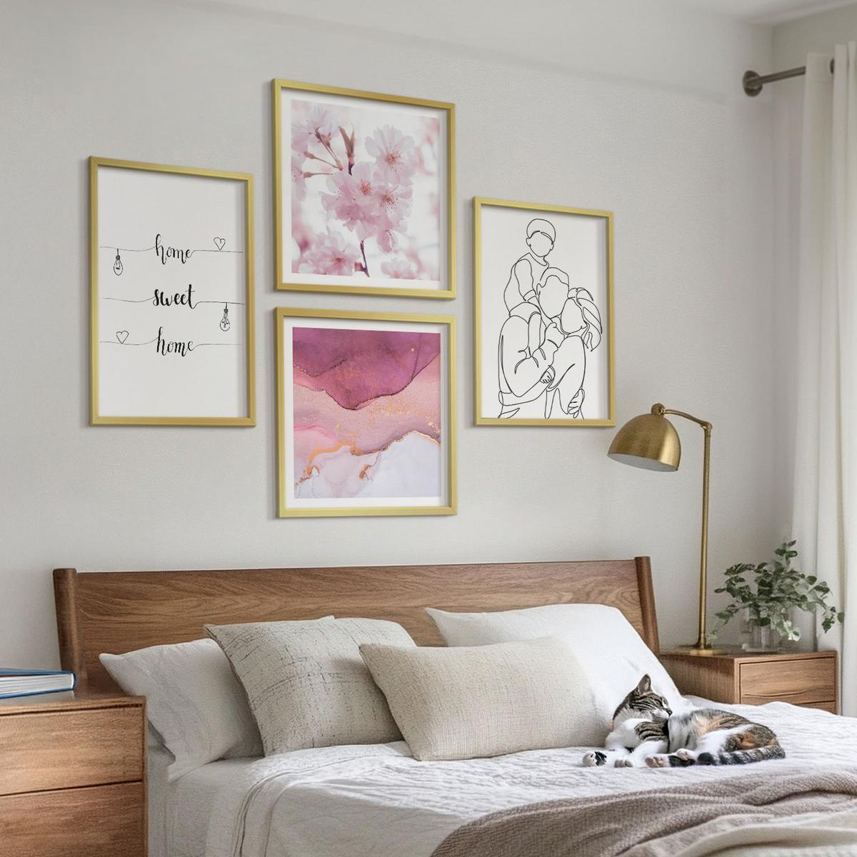 BILDER SET 4er Set - 50x50 cm & 40x60 cm Goldrahmen - Blumenfamilie minimalistisch - Goldfarben, Kunststoff (50/50cm) - TULUP
