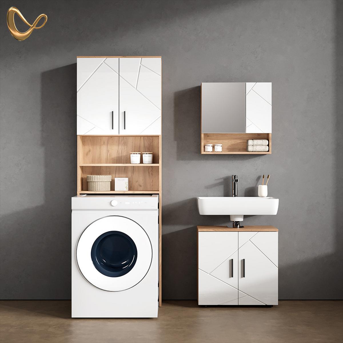 WASCHMASCHINENSCHRANK Ronco Weiß Hochglanz/Goldkraft Eiche 64 x 190.5 cm - Honigeiche/Weiß Hochglanz, Holzwerkstoff (64/190.5/26cm) - Livinity®