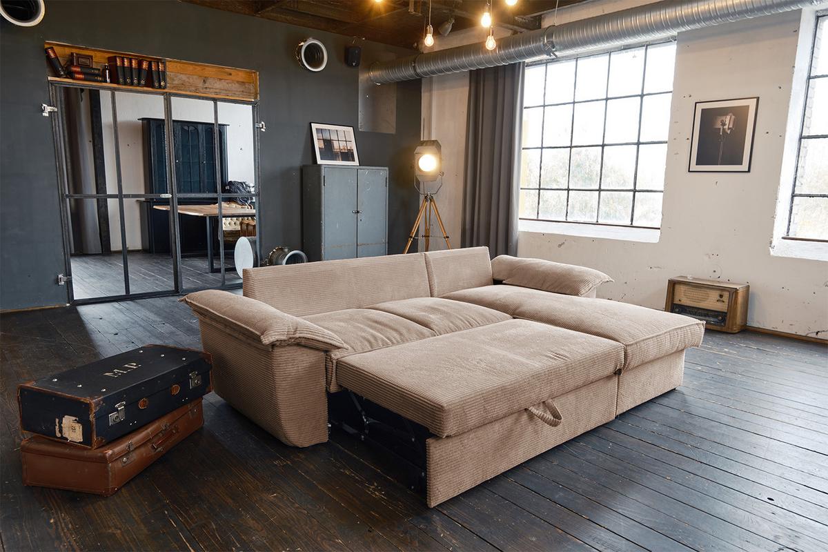ECKSOFA DAMETO Braun Cord Mit Schlaffunktion - Schwarz/Braun, Kunststoff/Textil (266/174cm) - KAWOLA