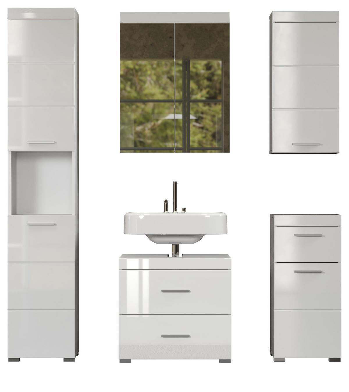 BADMÖBEL-SET weiß Hochglanz 5-teilig 163 x 190 cm, moderne Badezimmer-Schränke - Weiß Hochglanz/Alufarben, Glas/Holzwerkstoff (163/190/34cm) - Top.Furn