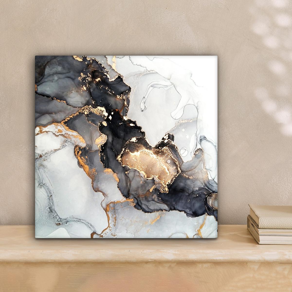 LEINWANDBILD Marmor - Schwarz - Weiß - Gold - Luxus - Abstrakt Deko Wohnzimmer 20x20 cm - Goldfarben, Textil (20/20cm) - MuchoWow