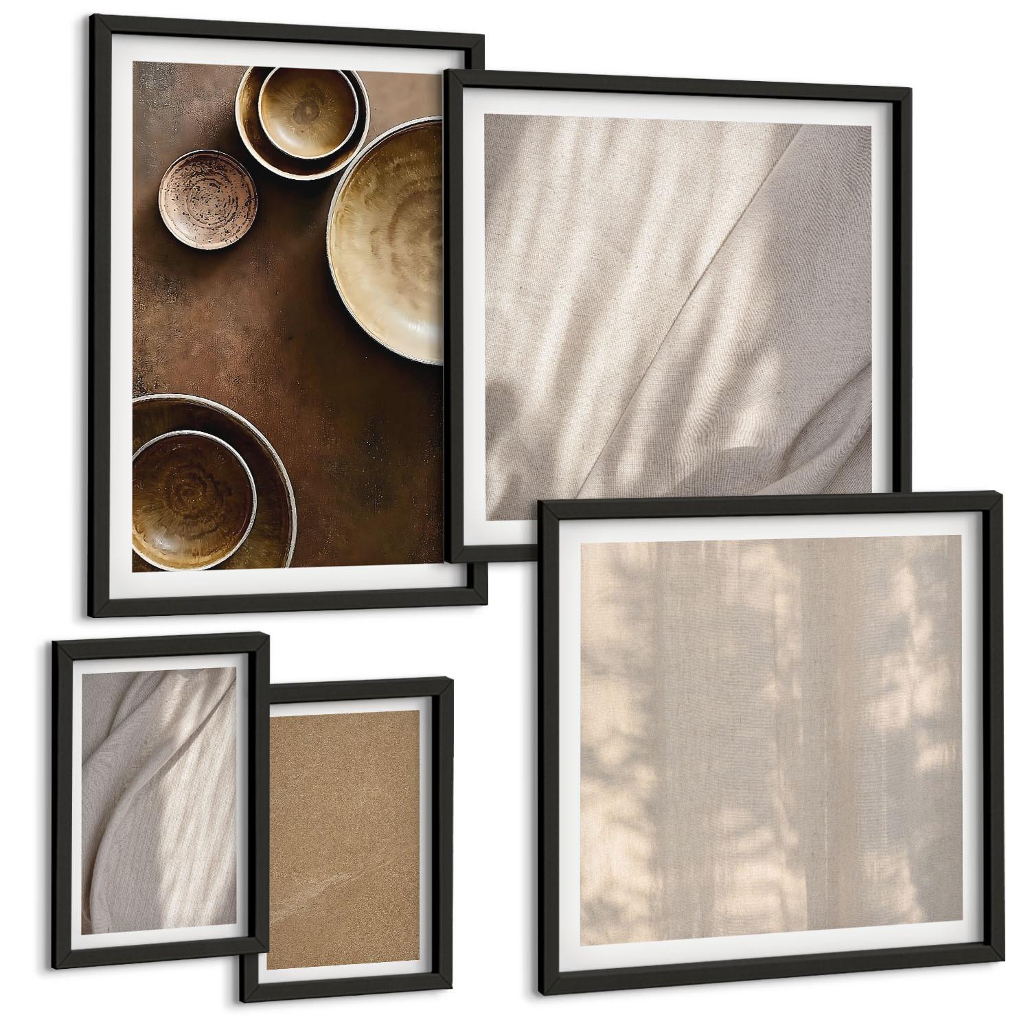BILDER SET 5er Set - 50x50 cm & 20x30 cm & 40x60 cm Schwarzer Rahmen - Strukturen, Texturen, Minimalismus - Schwarz, Kunststoff (40/60cm) - TULUP