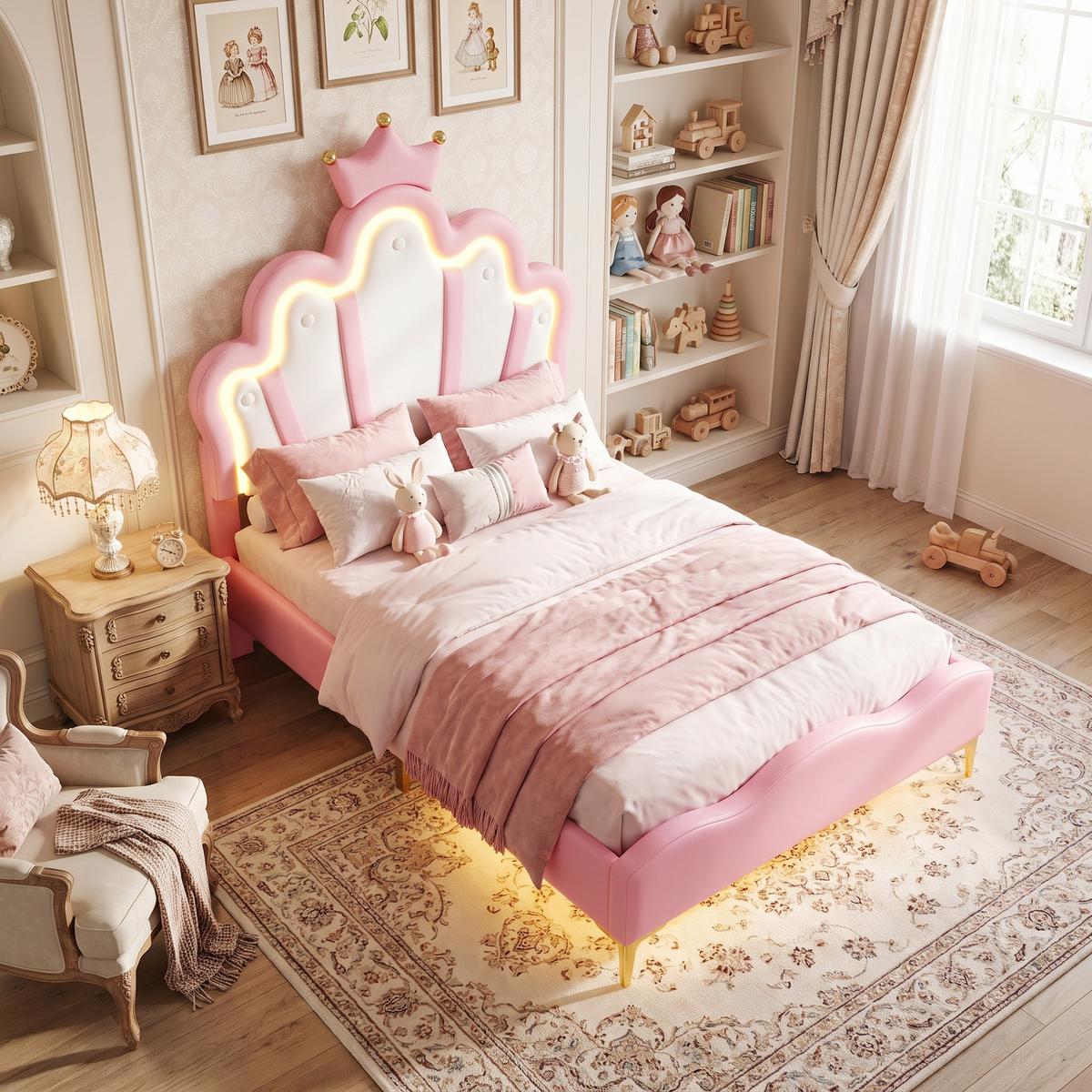 POLSTERBETT pu prinzessinnen design 90x200cm mit led - Pink, Leder (90/200cm) - Urban Meuble