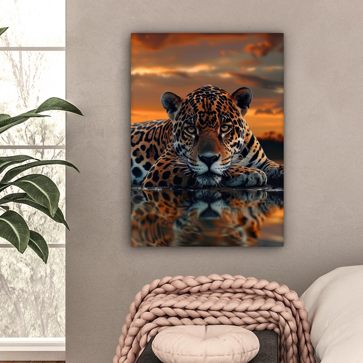 LEINWANDBILD Natur - Leopard - Tier - Sonnenuntergang - Modern Wandbild Wohnzimmer 60x80 cm - Orange, Textil (60/80cm) - MuchoWow