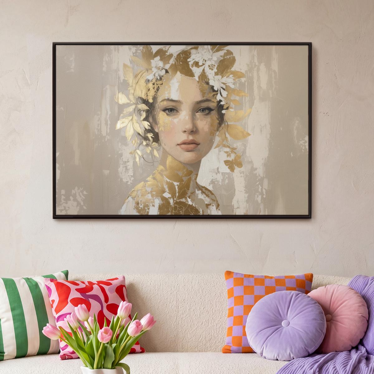 LEINWAND Bilder mit Rahmen - Gesicht - Frau - Blätter - Gold - 90x60 - Beige, Textil (90/60cm) - MuchoWow