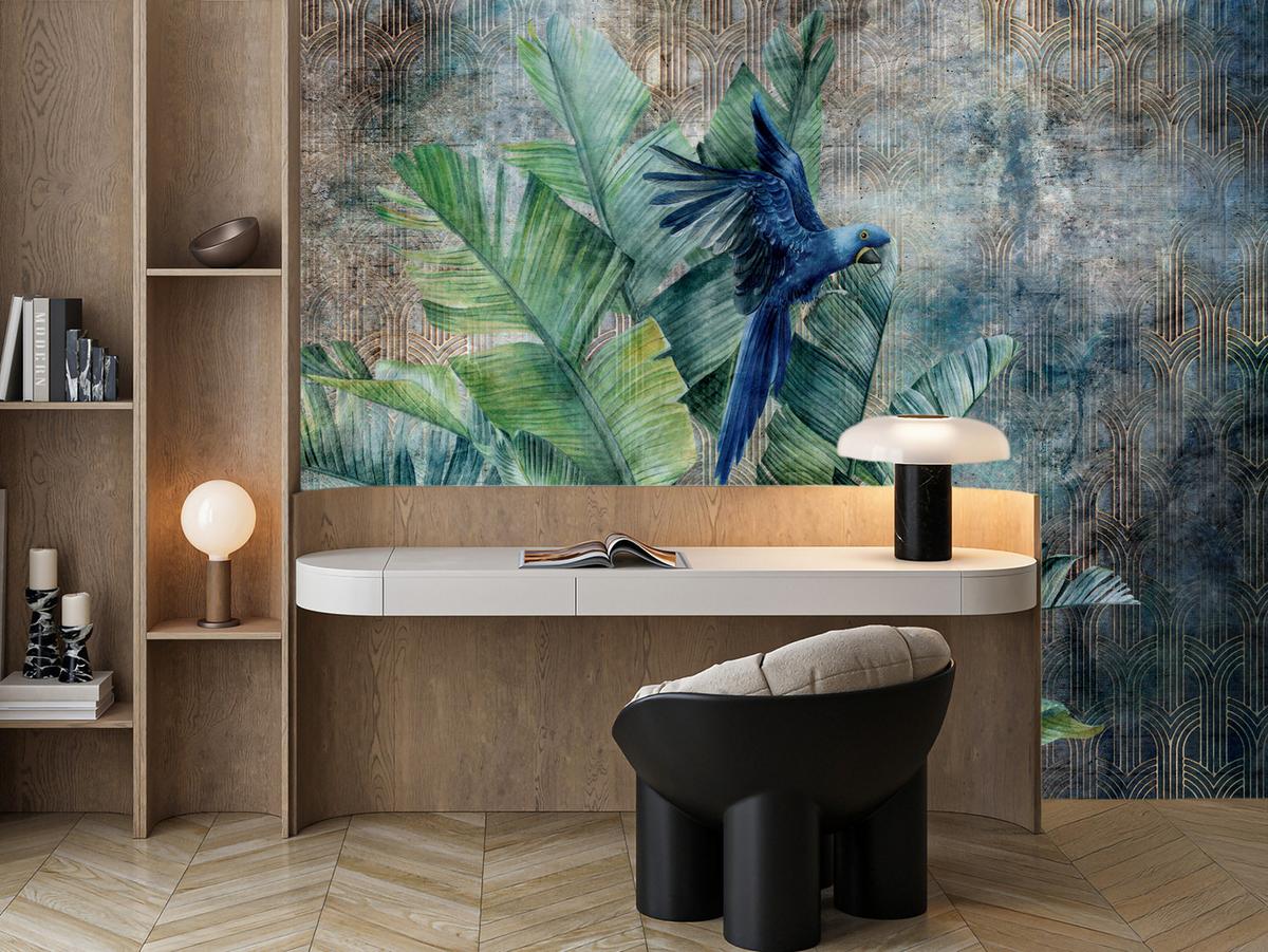 FOTOTAPETE für Wohnzimmer Retro Papuga Tropische Blätter 500x350 - Blau/Braun, Papier (500/350cm) - Muralo