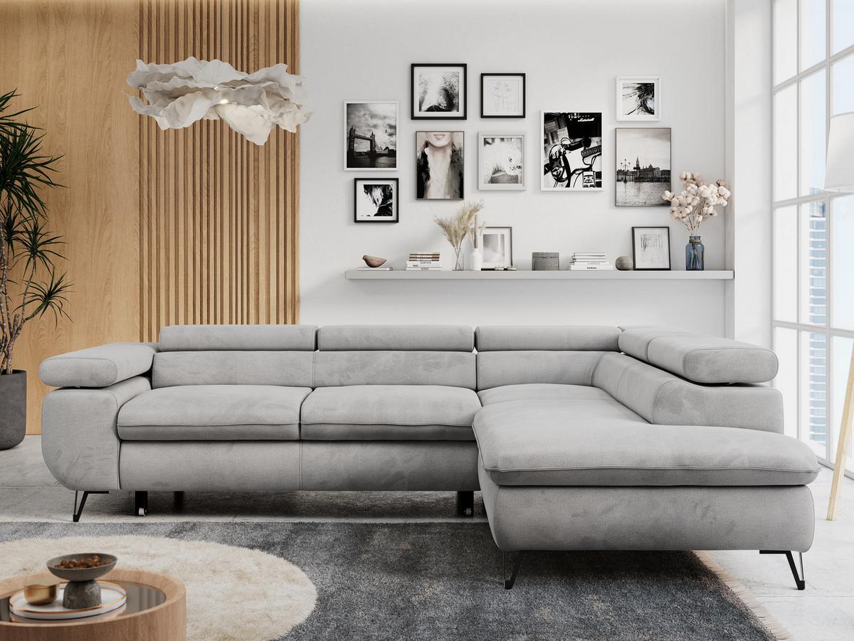ECKSOFA PETER L Hellgrau Velvet - Rechts Seite - Hellgrau/Schwarz, Textil/Metall (273/208cm) - MKS