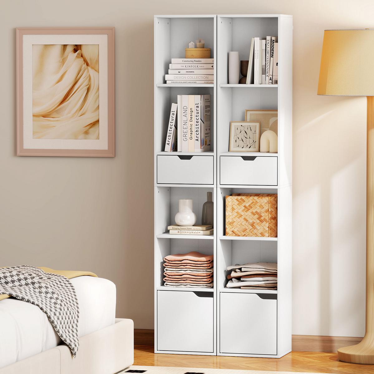 BÜCHERREGAL mit 6 Ebenen 3-stufig verstellbar mit Schublade Schranktür Weiß - Weiß, Holzwerkstoff (24/158/30cm) - HOMCOM