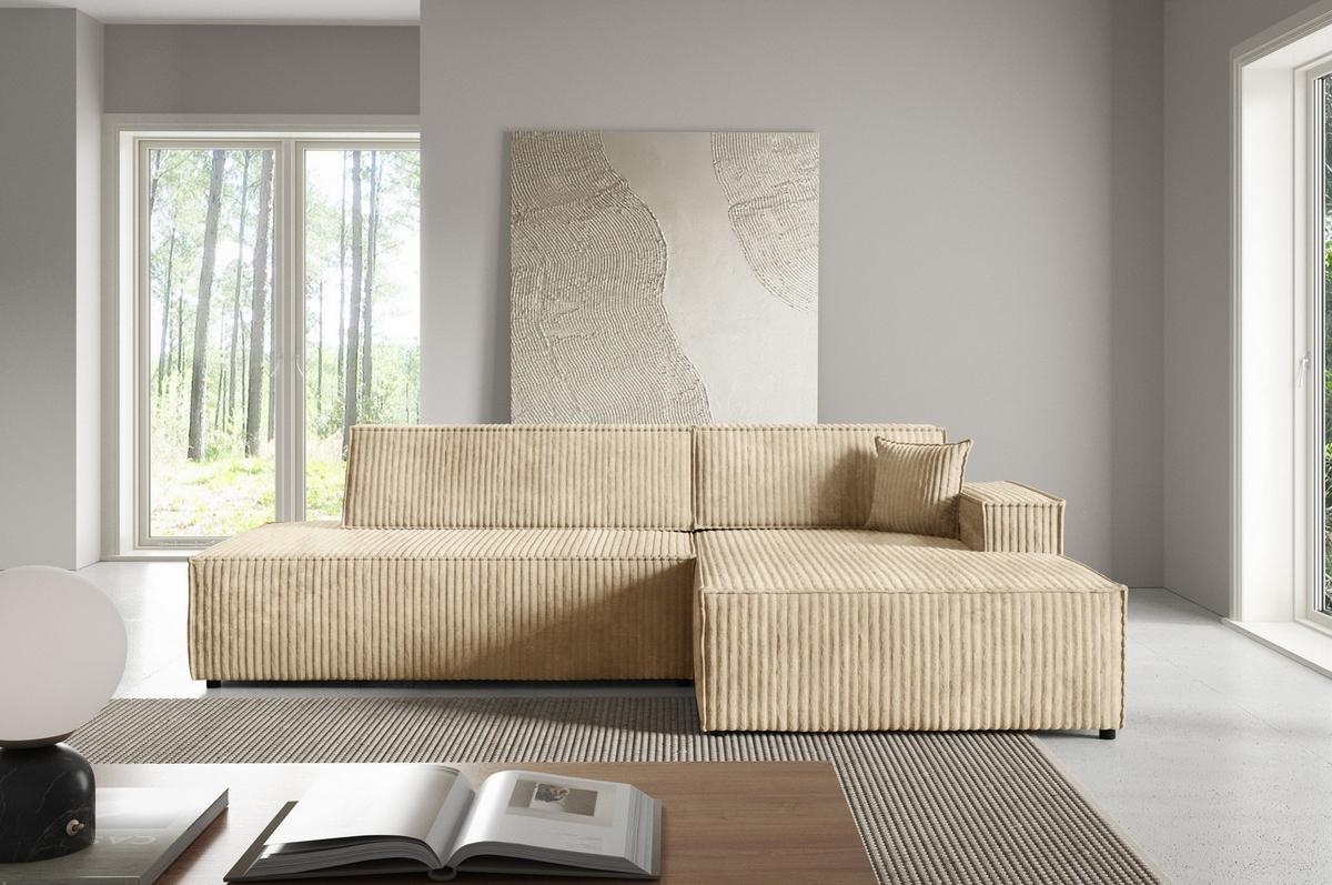 ECKSOFA TESSO R-S Beige Kordstoff mit Schlaffunktion - Beige, Holz (247/170cm) - MASSENO