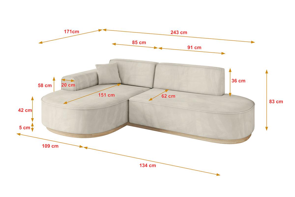 ECKSOFA Ottomane Links MARI-L1-v1 - 243x171x83 cm Ecru Velours - Ecru, Holzwerkstoff/Textil (243/171cm) - ALTDECOR