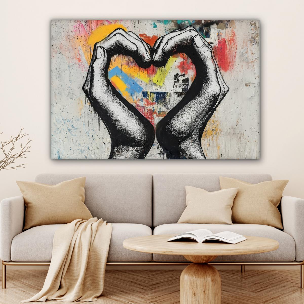 LEINWANDBILD Hände - Herz - Straßenkunst - Graffiti Wohnzimmer Groß 120x80 cm - Multicolor, Textil (120/80cm) - MuchoWow