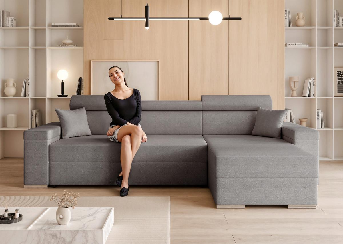 ECKSOFA AISHA Rechts mit Schlaffunktion und Bettkasten Grau - Chromfarben/Grau, Kunststoff/Textil (250/130cm) - Idohome