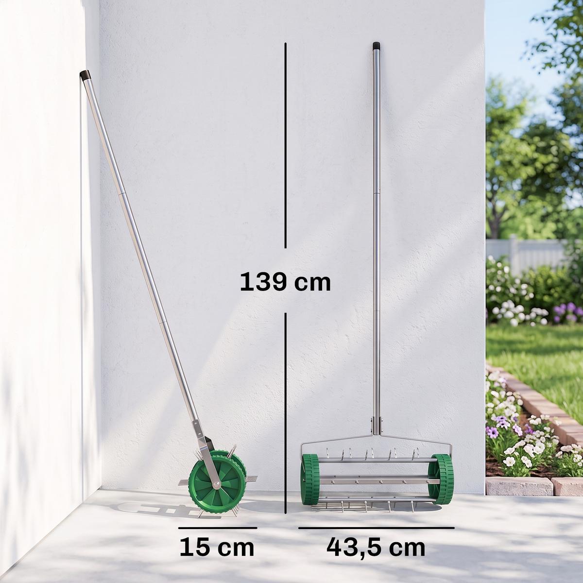 RASENLÜFTER Grifflänge, einstellbar Handvertikutierer, verzinktes Rohr, Grün+Silber - Silberfarben, Kunststoff (43.5/15/139cm) - Outsunny