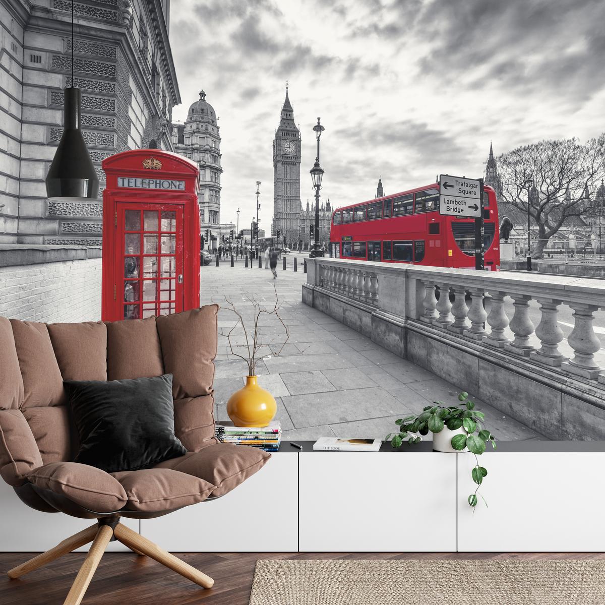 FOTOTAPETE für Wohnzimmer Rote Telefonzelle London Monument BIG BEN Bus 150x105 - Rot/Weiß, Papier (150/105cm) - Muralo