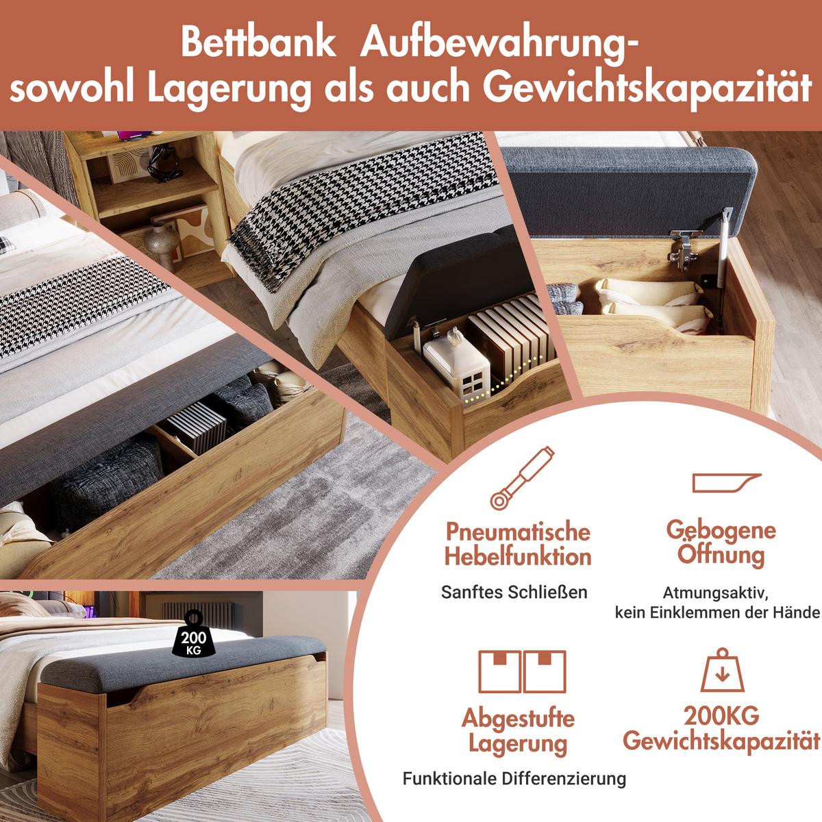 POLSTERBETT eiche-optik & leinen 160X200 mit nachttischen & bettbank - Eichefarben, Holz (160/200cm) - Urban Meuble