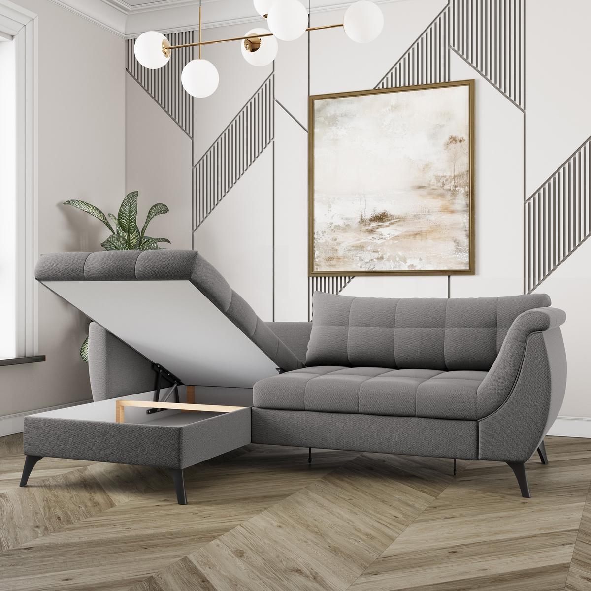 ECKSOFA MOLLIS Grau Geflochtener-Stoff mit Schlaffunktion - Grau, Holz (241/154cm) - MASSENO