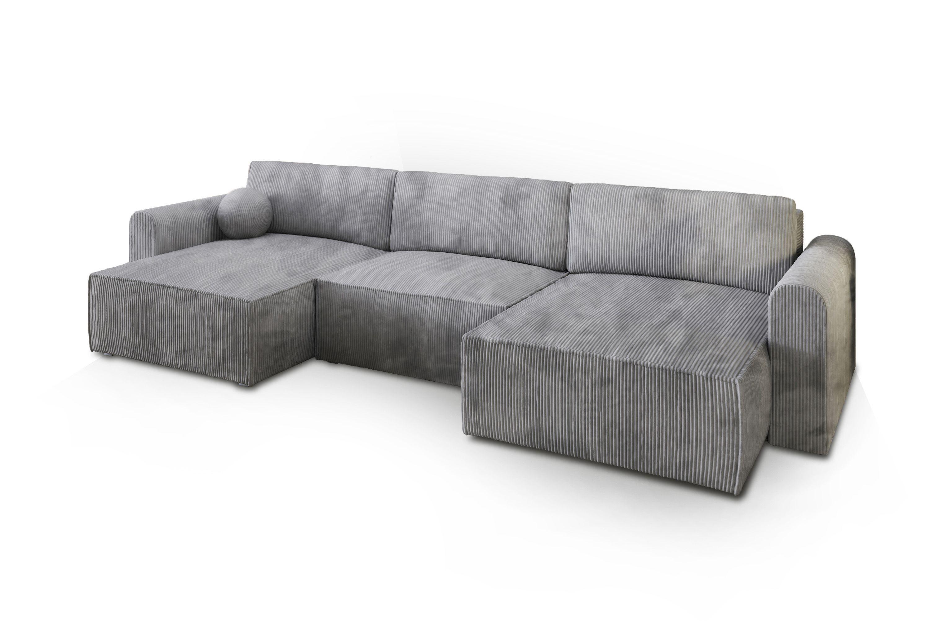 WOHNLANDSCHAFT FENTO P Hellgrau Kordstoff mit Schlaffunktion - Hellgrau/Grau, Holz/Kunststoff (347/90/148cm) - MASSENO