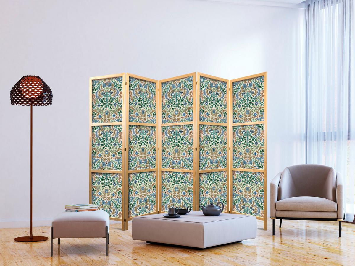 PARAVENT Japanischer 5-tlg 225x172 cm Bunte Blumen - Grün, Holz/Textil (225/172/3cm) - Muralo