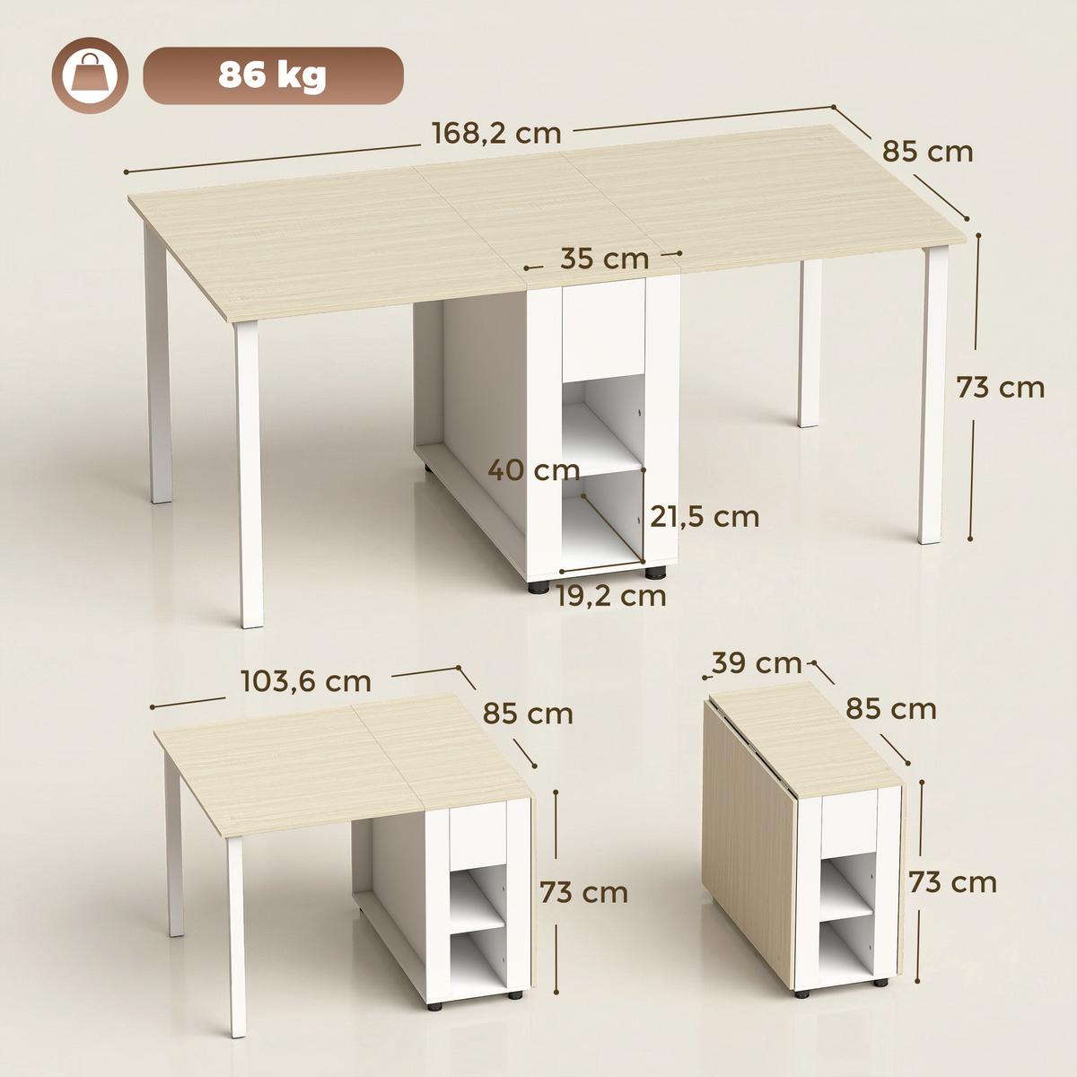KLAPPTISCH MDF Weiß Naturholz - Weiß, Holz/Holzwerkstoff (168.2/85/73cm) - HOMCOM