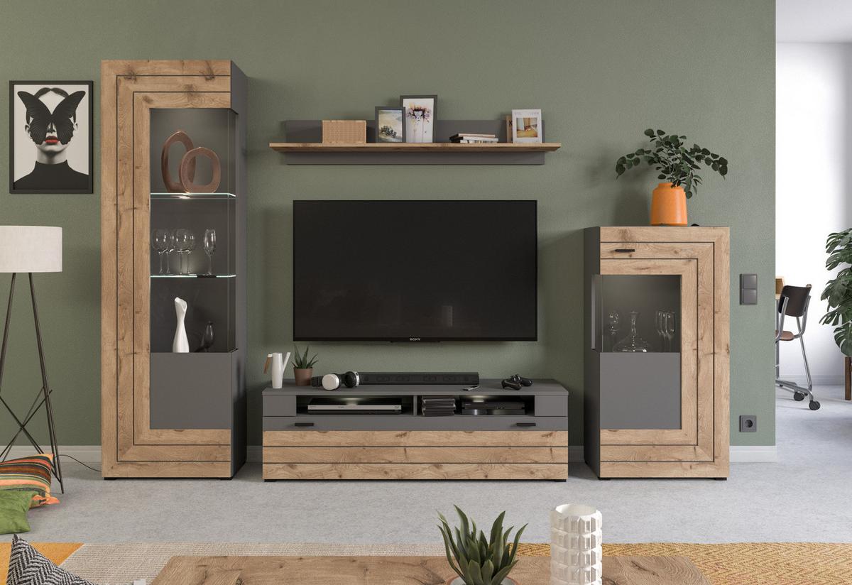 TV-LOWBOARD Eiche, grau matt 140 cm, TV Unterteil mit 4 Fächern - Eichefarben/Schwarz, Holzwerkstoff/Kunststoff (140/43/40cm) - Inn.Furn
