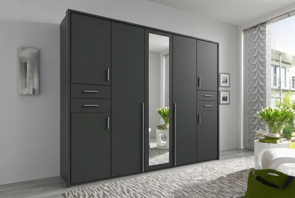 DREHTÜRENSCHRANK B228/H210/T58 cm in Grafit, Kleiderschrank mit Passepartout & 1 Spiegeltür & Schubkästen / 22571 - Silberfarben/Graphitfarben, Holzwerkstoff/Kunststoff (228/210/58cm) - luma-home