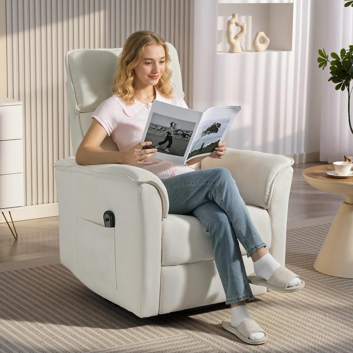 RELAXSESSEL Elektrisch mit Liegefunktion, Verstellbare Rückenlehne, Kopfstütze - Creme, Holzwerkstoff/Textil (78/105/91cm) - HOMCOM