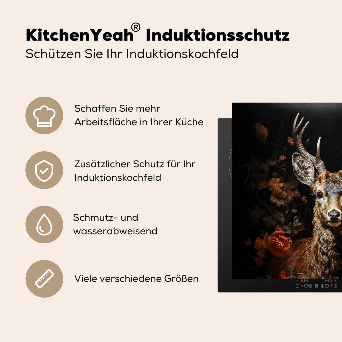 HERDABDECKPLATTE Hirsch - Tier - Blumen - Natur - Botanisch Abdeckung Ceranfeld 59x51 cm - Kupferfarben, Kunststoff (59/51/0.2cm) - MuchoWow