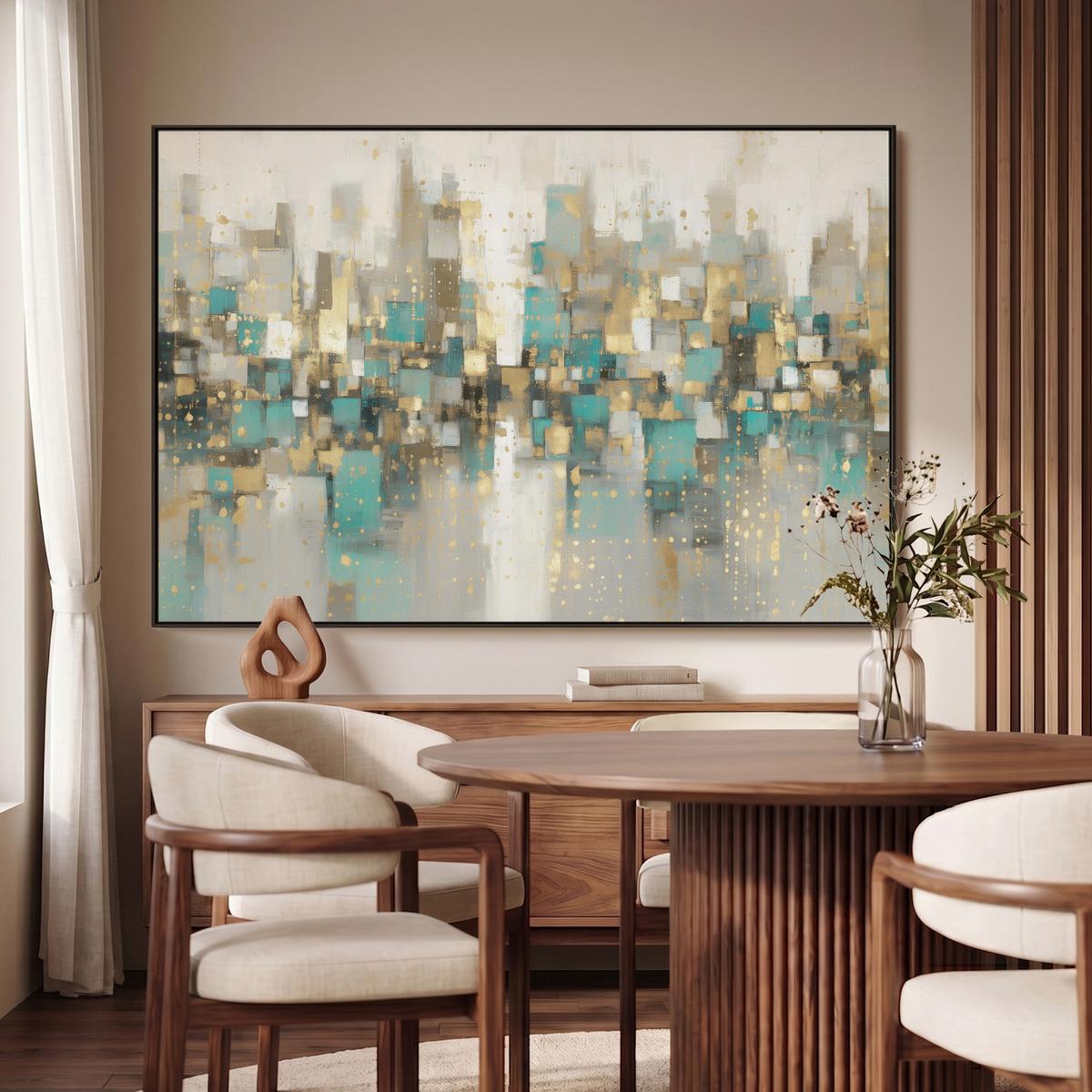 LEINWAND Bilder mit Rahmen - Abstrakt - Blöcke - Gold - Skyline - 140x90 - Beige, Textil (140/90cm) - MuchoWow