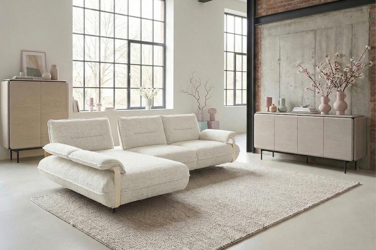 ECKSOFA ANISSA Cremeweiß Flachgewebe - Creme/Schwarz, Kunststoff/Textil (297/185cm) - KAWOLA