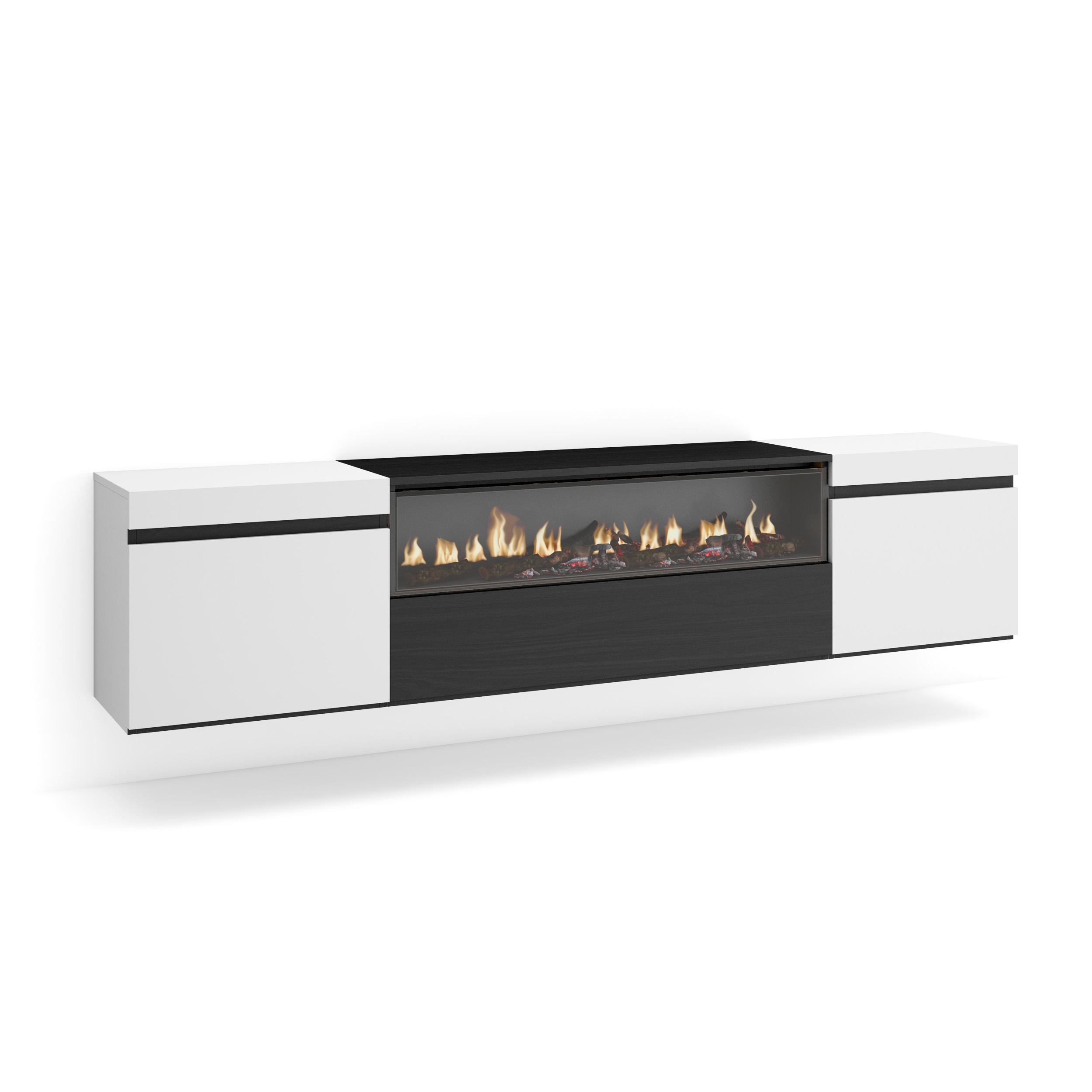 LOWBOARD mit Elektrokamin, Hängend, Weiß, Schwarz, 200/35/45cm - Weiß, Holzwerkstoff (200/45/35cm) - Skraut Home