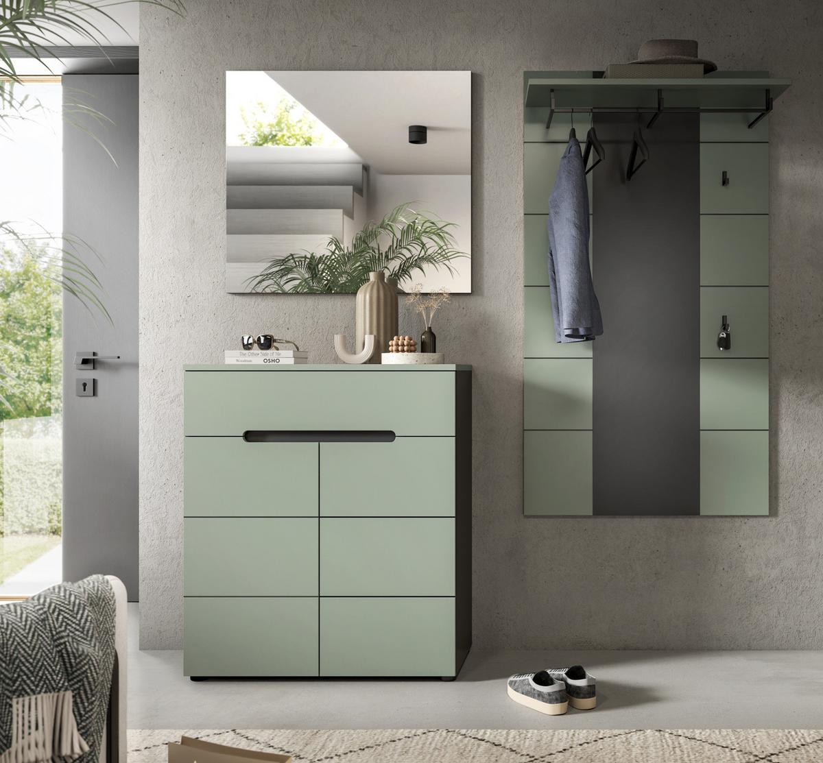 GARDEROBEN-SET 3-teilig Salbei grün, grau 175 cm, Flurgarderobe mit Soft-Close - Salbeigrün/Schwarz, Holzwerkstoff/Kunststoff (175/190/37cm) - Inn.Furn
